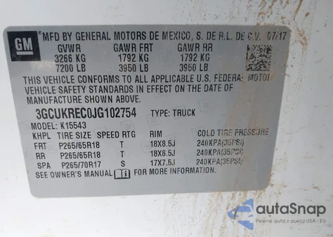 2018 Chevrolet Silverado 1500 2Lt из США, поврежденный, VIN 3GCUKREC0JG102754